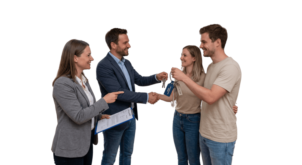 Immobilienverwalter Paar Team Hausübergabe Schlüssel professionell